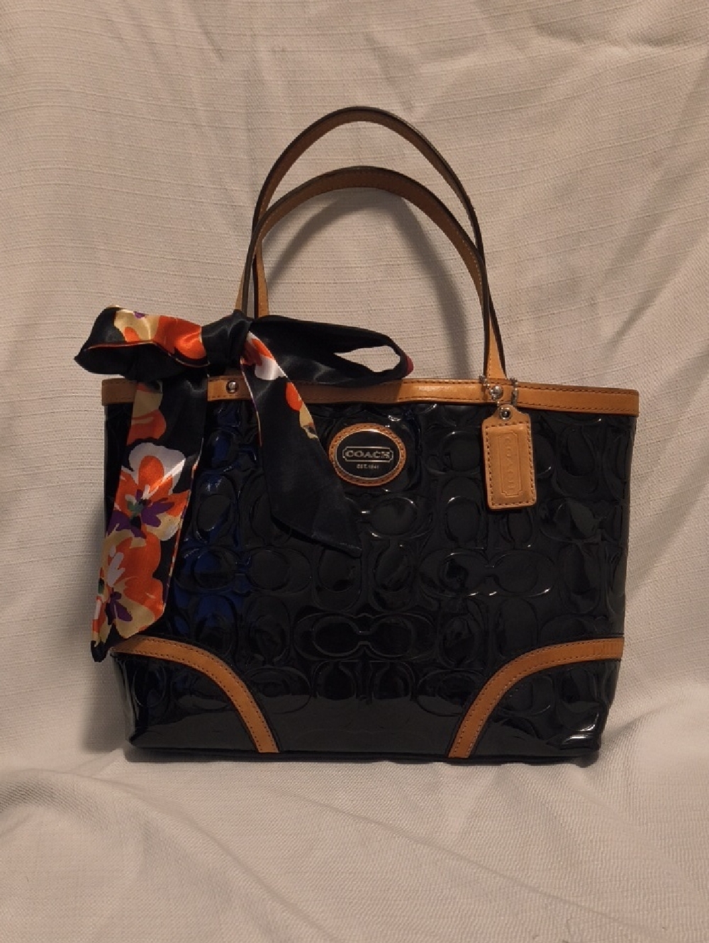 Coach Peyton Black Patent Mini Tote with Tan Trim and Floral Scarf